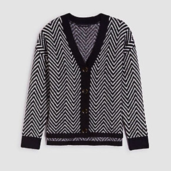 Ann Taylor Black and White Herringbone Chunky Knit Button Cardigan Sweater (NWT) - Picture 1 of 3